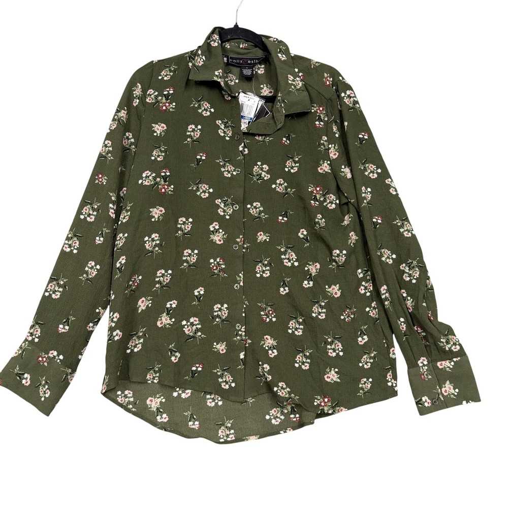 Polly & Esther Shirt Womens Large Green‎ Floral Button Front Long Sleeve Top